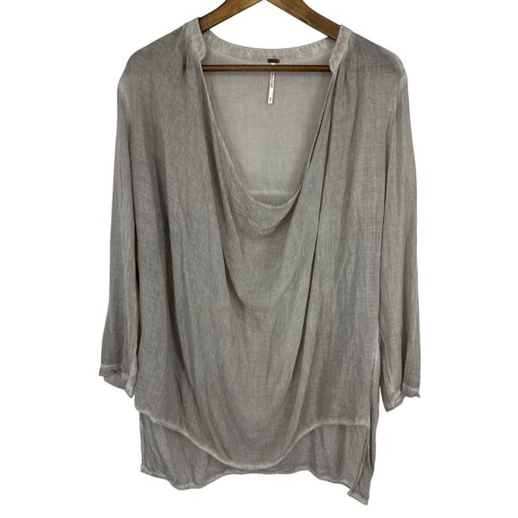 Free People Sheer Gray Cowl Neck Pullover 3/4 Sleeves Hi-Lo Hem Blouse Size M - Picture 1 of 8